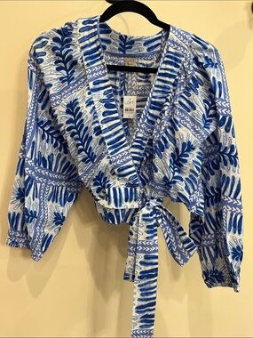 NWT LOFT Beach Blue & White Tie-Front Wrap Top